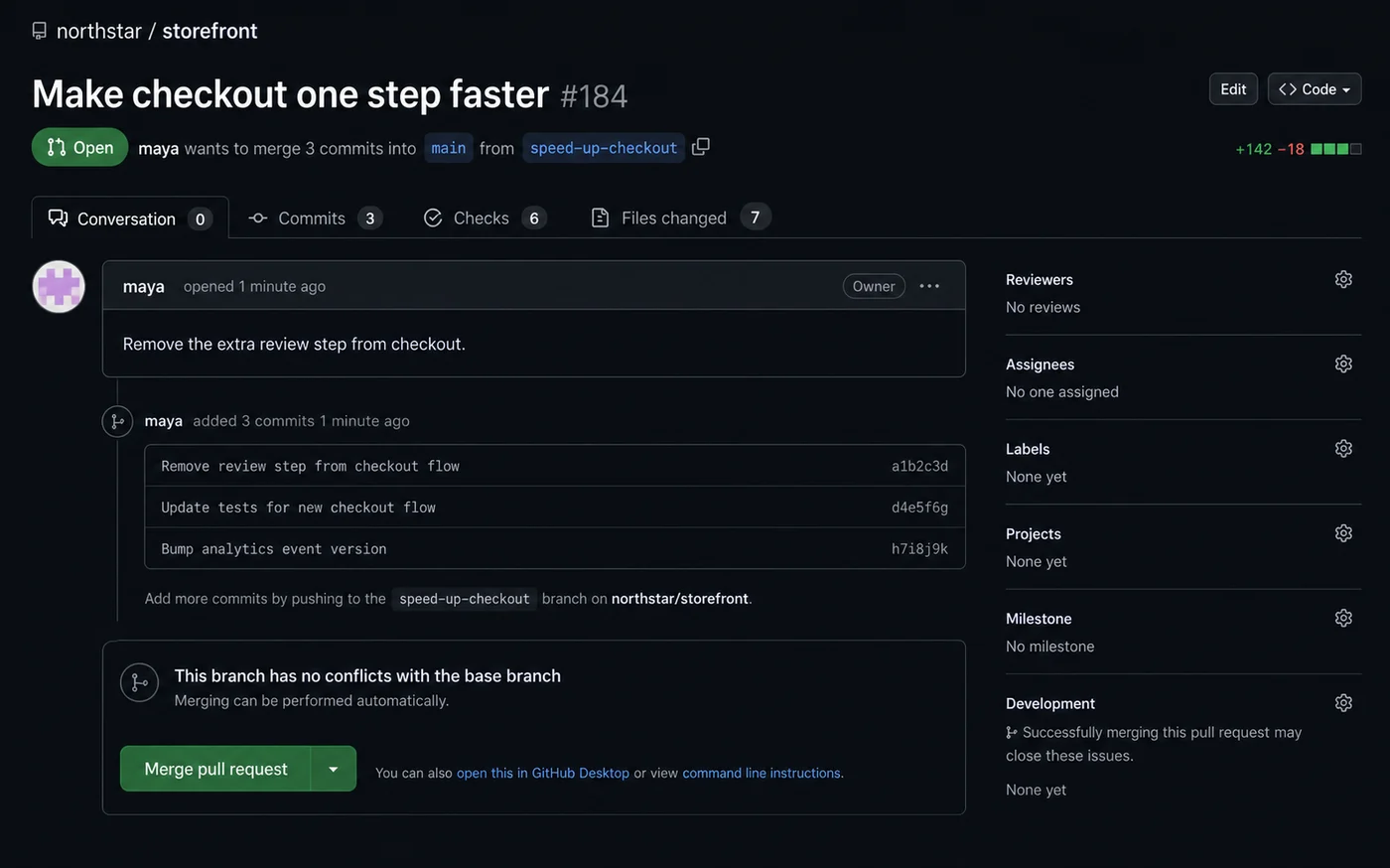 A newly opened GitHub pull request for a checkout change.