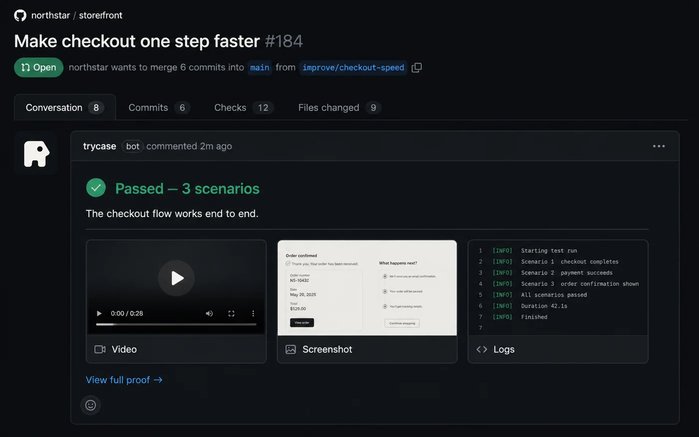 A passing TryCase GitHub comment with visual proof.